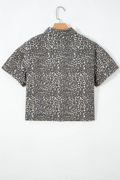 Leopard Denim Short Sleeve Button Cropped Shirt