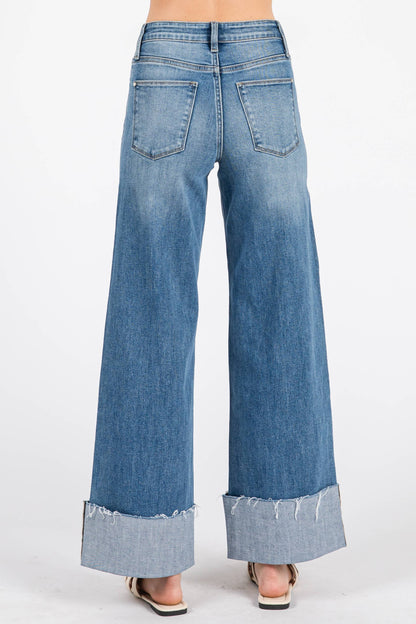 HIGH RISE STRETCH WIDE LEG W/ CUFFED HEM JEANS
