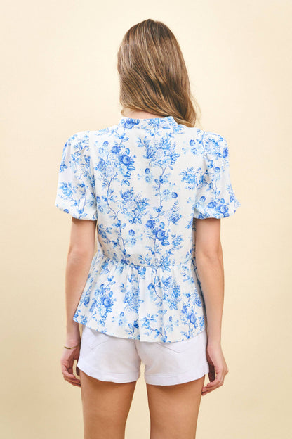 Floral Printed Bubble Sleeves Peplum Top