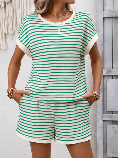 Striped Short Sleeve Top & Shorts Lounge Set