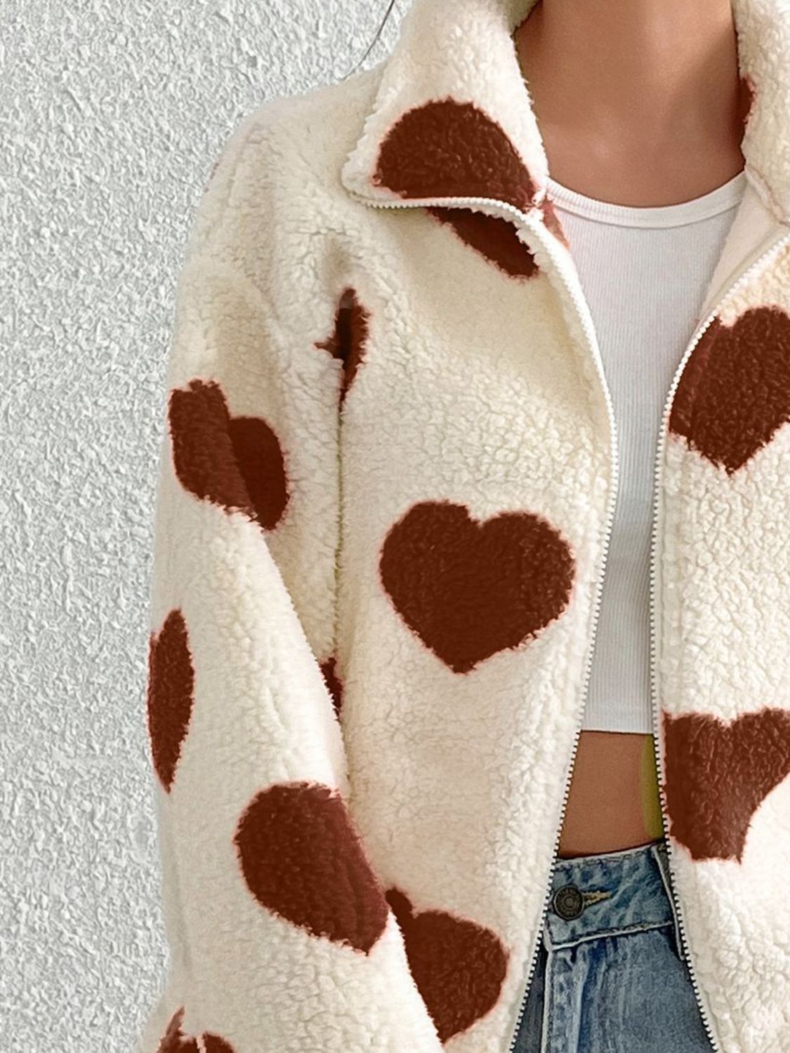 Heart Zip Up Drop Shoulder Furry Jacket