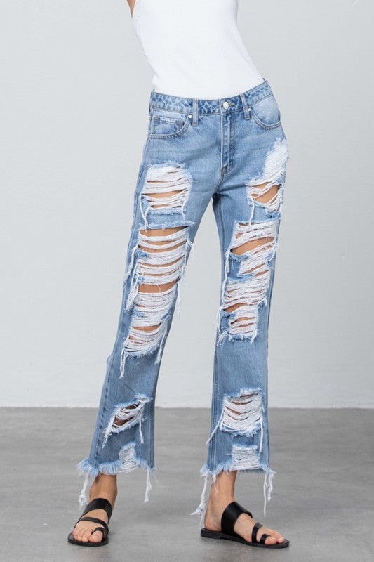 Destroyed Hem Straight Jeans