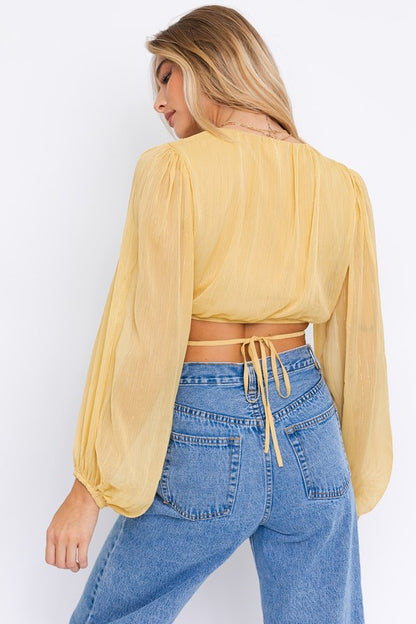 BALLOON LONG SLEEVE CRISS CROSS CROP TOP