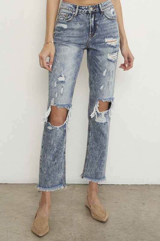 Frayed Hem Straight Jeans