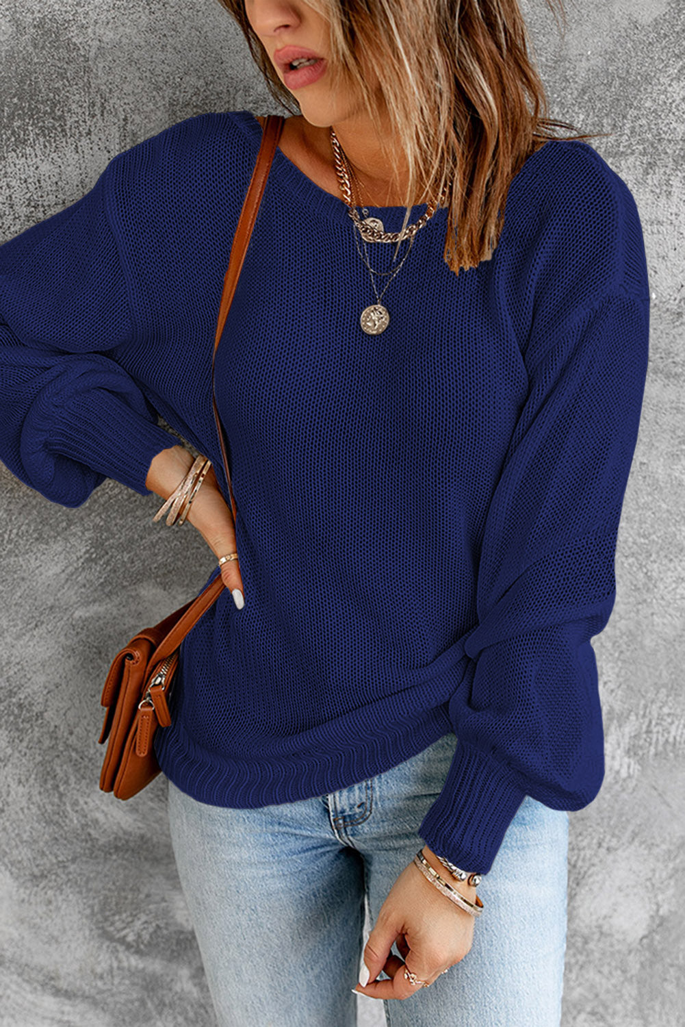 Double Take Tied Balloon Sleeve Round Neck Sweater