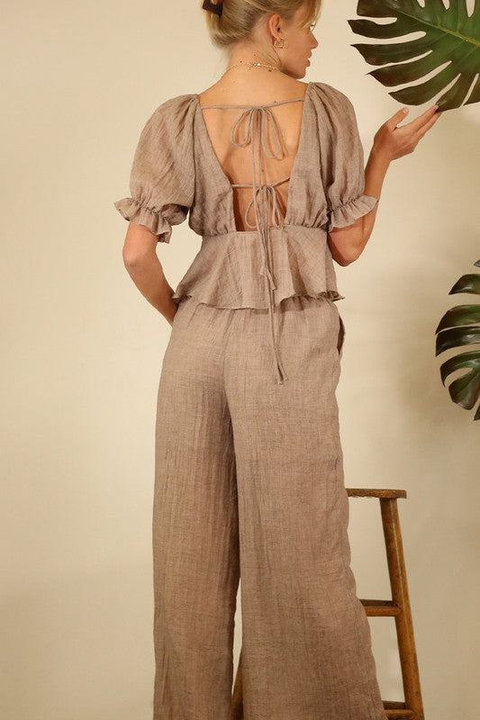 CROP RUFFLE SHORT SLEEVE LONG PANTS SET