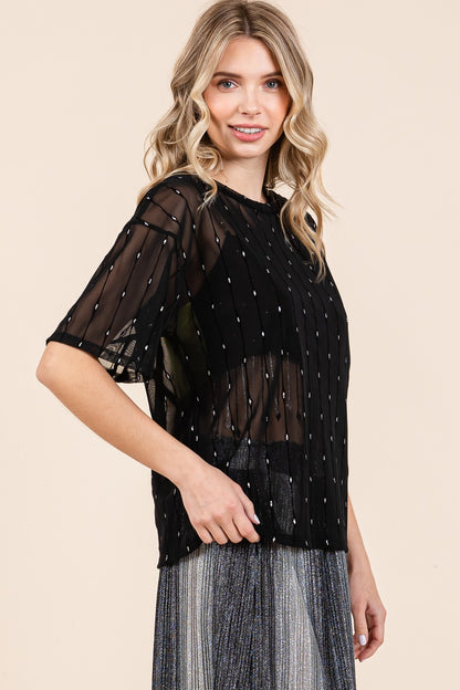 GeeGee Round Neck Drop Shoulder Mesh Glitter Top