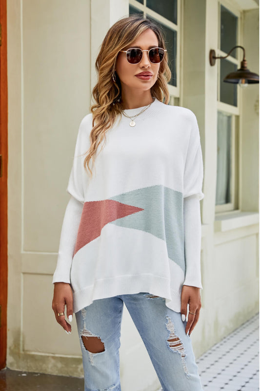 Woven Right Color Block Round Neck Side Slit Sweater