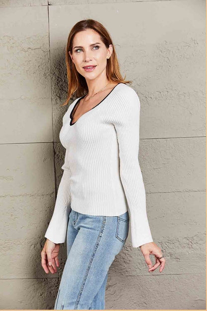 Double Take Contrast Sweetheart Neck Ribbed Top