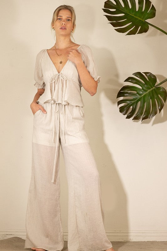 CROP RUFFLE SHORT SLEEVE LONG PANTS SET