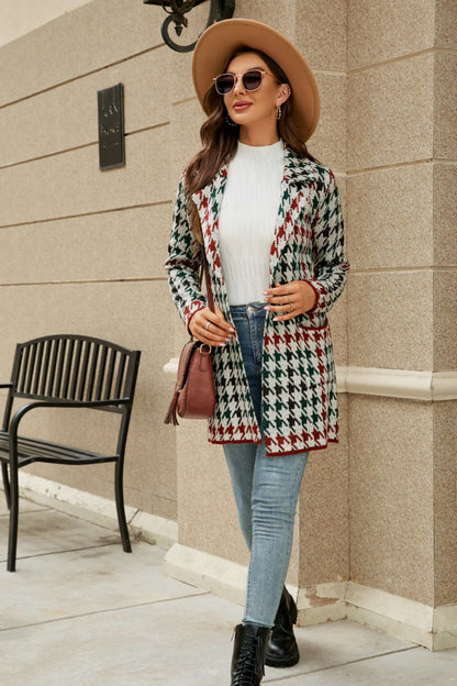 Double Take Printed Open Front Lapel Collar Cardigan with Pockets