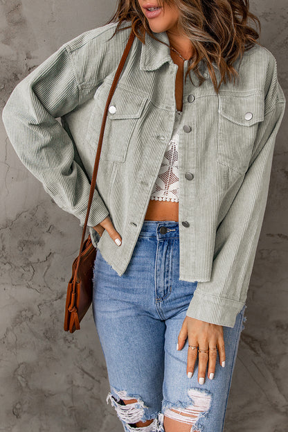 Double Take Raw Hem Button Down Corduroy Jacket with Pockets