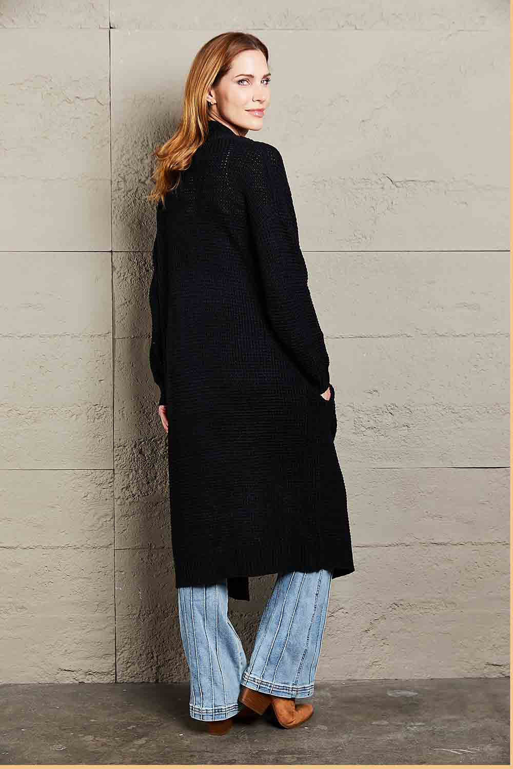 Double Take Waffle Knit Open Front Duster Cardigan With Pockets