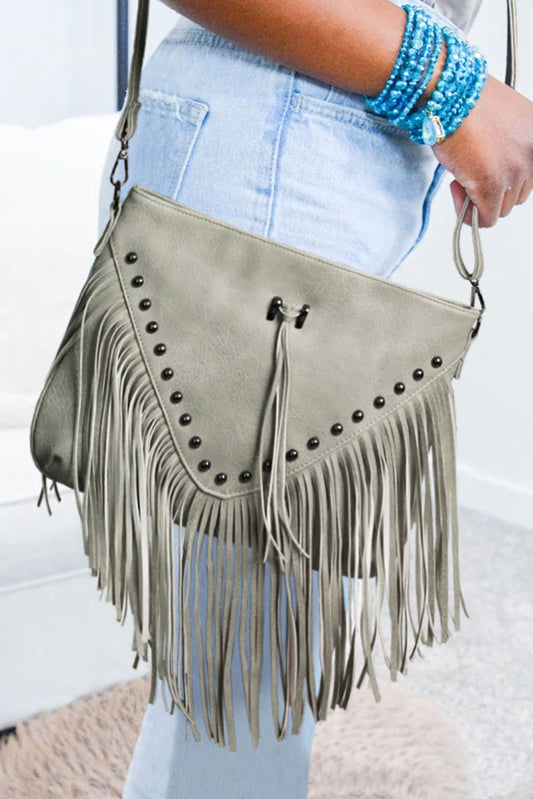 Grey Tassel Leatherette Crossbody Bag