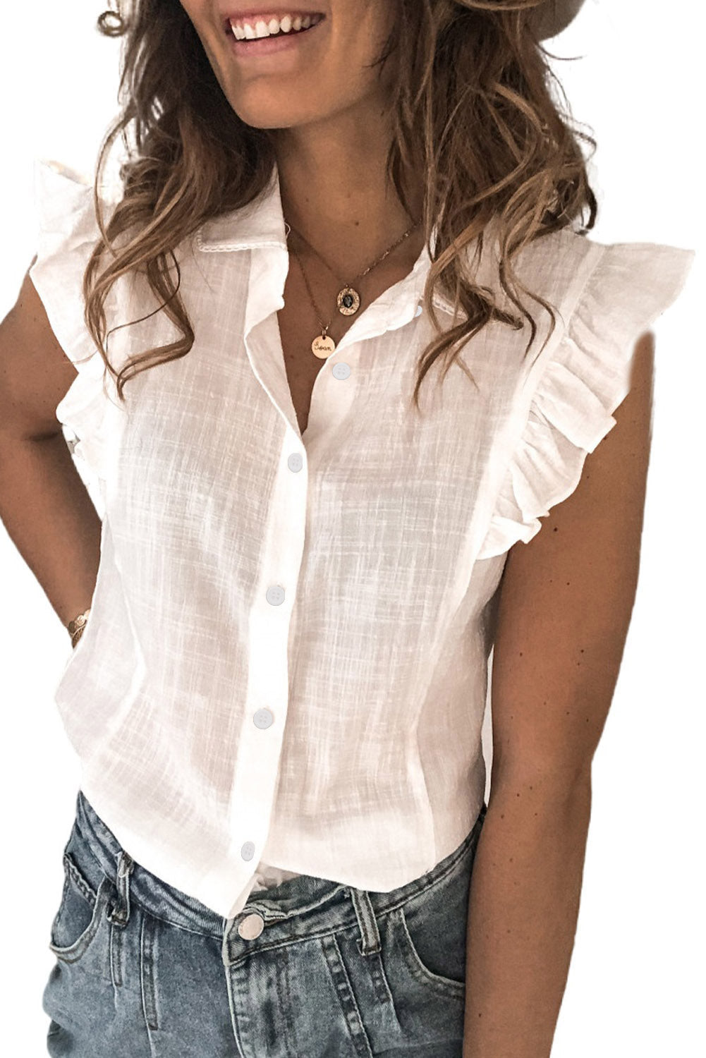 White Sleeveless Ruffled Linen Top