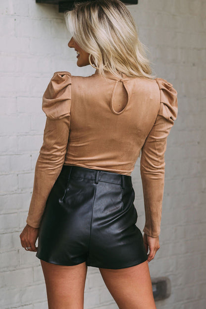 Suede Puff Sleeve Body Suit