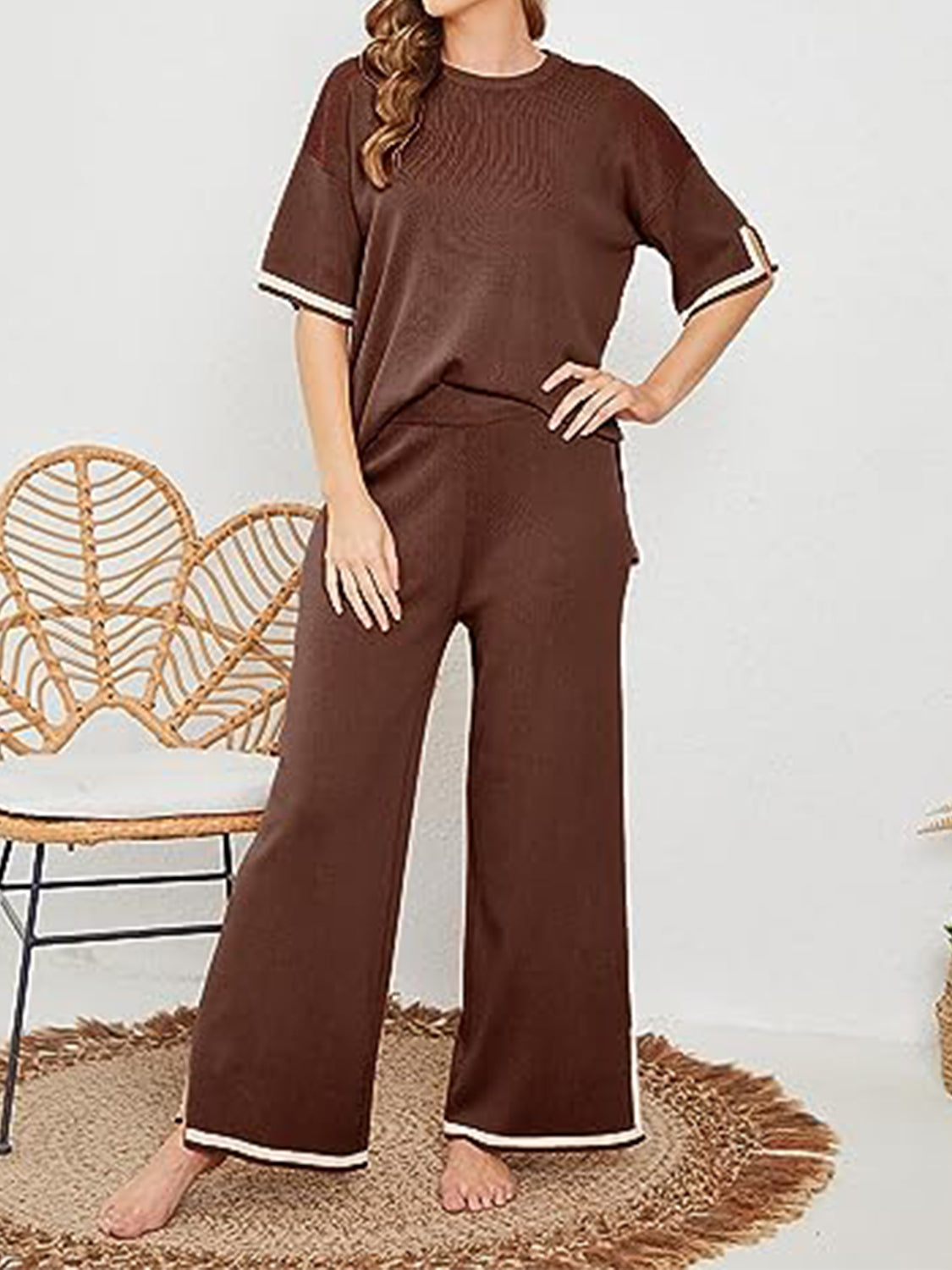 Contrast High-Low Sweater and Knit Pants Set