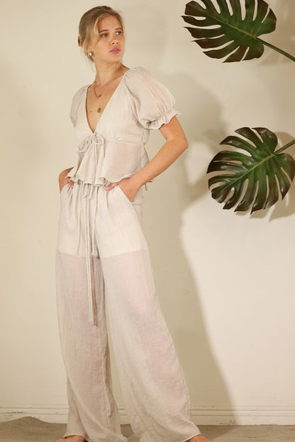 CROP RUFFLE SHORT SLEEVE LONG PANTS SET